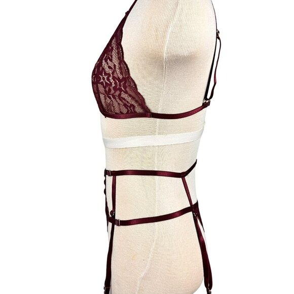 Oh La La Cherri Sexy Burgundy Lace Bralette,Panty & Garter Belt 3 Piece Lingerie - Picture 7 of 13
